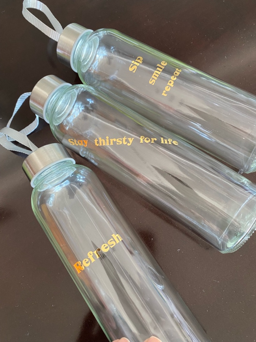 3 Glass Water Bottles with gold letters